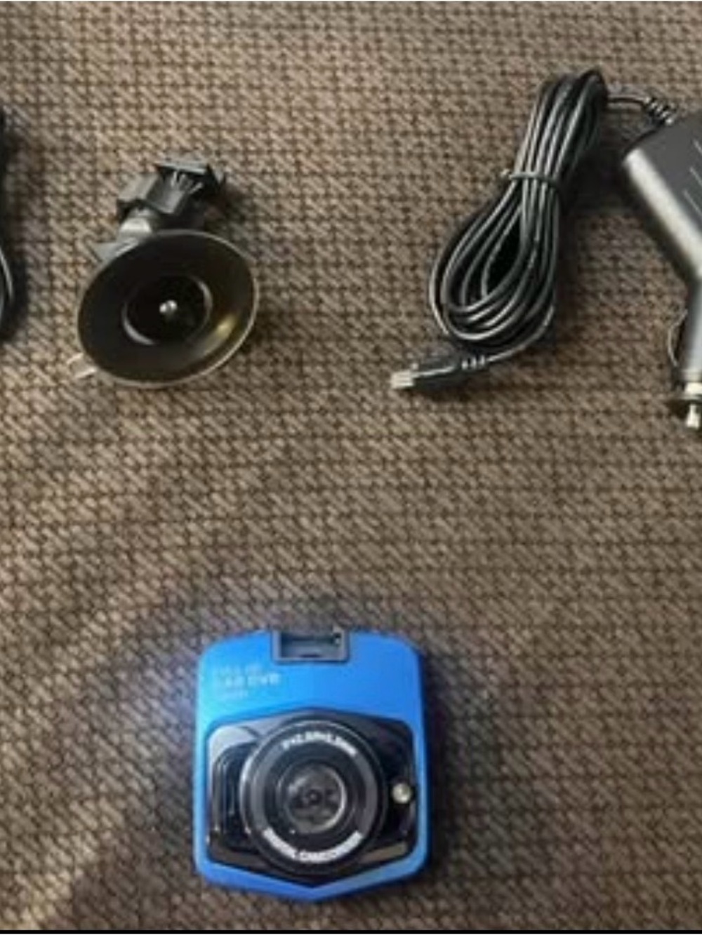 Blue Dash Camera with Mount and Car Charger